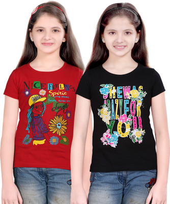 Sini Mini Girls Cotton Top(Multicolor, Pack of 2, Black;red