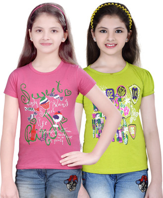 Sini Mini Girls Cotton Top(Multicolor, Pack of 2, Dark green;pink