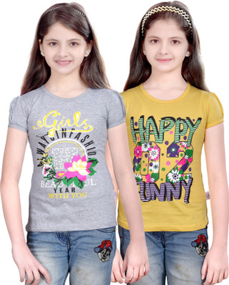 Sini Mini Girls Casual Cotton Top(Multicolor, Pack of 2, Grey;yellow