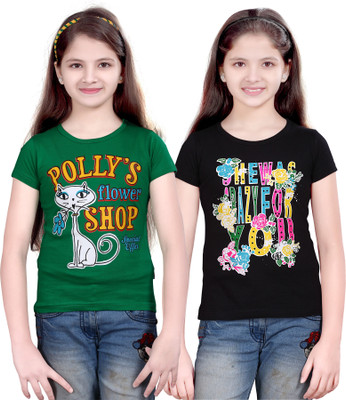 Sini Mini Girls Cotton Top(Multicolor, Pack of 2, Black;green