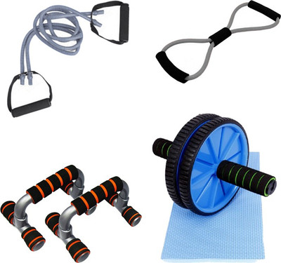 Mor Sporting Combo of Grey Double Toning Tube, 8 shapped Yoga latex tube, Anti slip foldable Push up bar and Ab wheel Max Gym & Fitness Kit