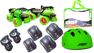 Jaspo SAFEX GREEN PRO Skates Combo (Skates+ Helmet+ Wrist Guard+ Knee Guard+ Elbow Guard+ Bag)- For Age Group 6 to 14 years Skating Kit
Jaspo SAFEX GREEN PRO Skates Combo (Skates+ Helmet+ Wrist Guard+ Knee Guard+ Elbow Guard+ Bag)- For Age Group 6 to 14 years Skating Kit