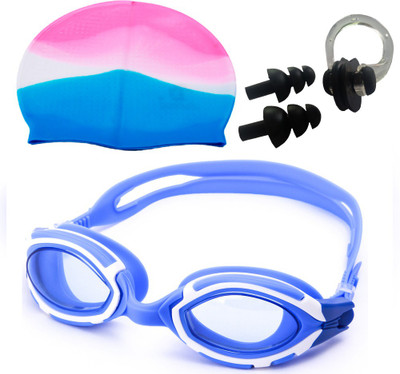 NOVICZ Swimming Goggle + Cap + Ear Nose Plug Combo - Swim Glass Head Hair Protection Swimming Kit