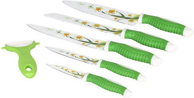Cosmosgalaxy I3387-C Kitchen Stainless Steel Ceramic Coated Knives with Peeler, Set of 6, Green Green, White Kitchen Tool Set(Green, White)