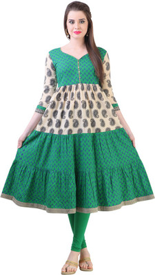 Libas Women' Printed Anarkali Kurta(Beige, Green