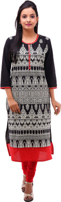 Kyaara Women's Printed Straight Kurta(Black, Red, Black;white