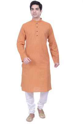 Rene Men's Striped Straight Kurta(Orange