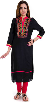 Halowishes Casual Embroidered Women's Kurti(Black)