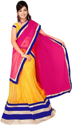 Dancing Girl Striped Lehenga, Choli and Dupatta Set(Yellow)