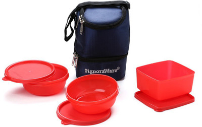 Signoraware 533 Elegant (With Bag) 3 Containers Lunch Box(1100 ml), Red