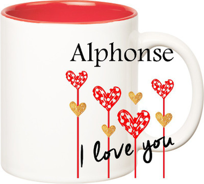 Huppme I Love You Alphonse Inner Red (350 ml) Ceramic Mug(350 ml), Red;white