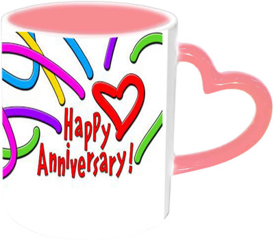 Raj Laxmi Happy Anniversary With Unique Design Pink Handle Ceramic Mug(350 ml)