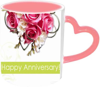Raj Laxmi Anniversary Wishes With Flowers Pink Handle Ceramic Mug(350 ml)