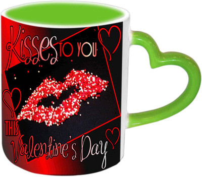 Raj Laxmi Kisses To You Green Handle Valentine Ceramic Mug(350 ml)