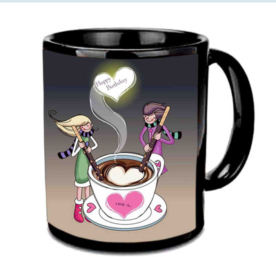 Raj Laxmi Lovely Steam Heart Happy Birthday Black Ceramic Mug(3.5 ml)