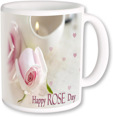PhotogiftsIndia Happy Rose Day With White Rose Ceramic Mug(325 ml), Multicolor