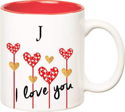 Huppme I Love You J Inner Red (350 ml) Ceramic Mug(350 ml), Red;white