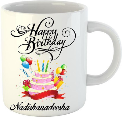 Huppme Happy Birthday Nadishanadeesha White (350 ml) Ceramic Mug(350 ml)