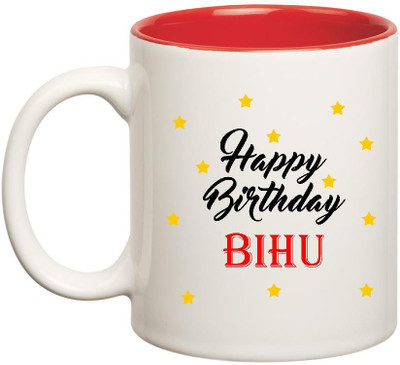 Huppme Happy Birthday Bihu Inner Red Ceramic Mug(350 ml), Red;white