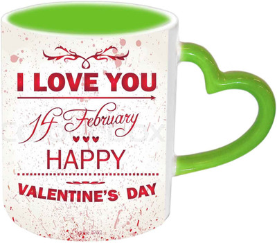 Raj Laxmi 14 Feb Green Handle Valentine Ceramic Mug(350 ml)