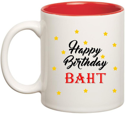 Huppme Happy Birthday Baht Inner Red Ceramic Mug(350 ml), Red;white