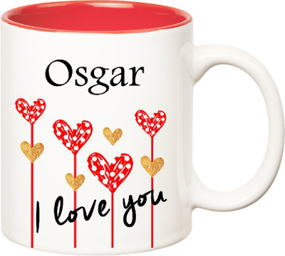 Huppme I Love You Osgar Inner Red (350 ml) Ceramic Mug(350 ml), Red;white