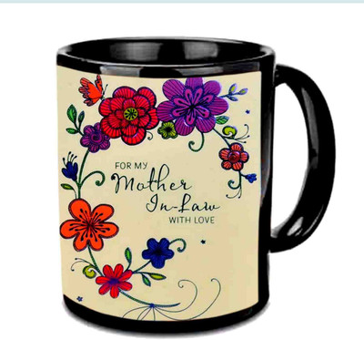Raj Laxmi Flowers Design B'day Gift For MIL Black Ceramic Mug(3.5 ml)
