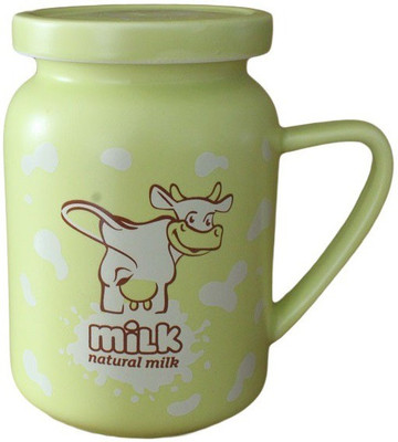 GeekGoodies Milk Cow Coffee Cup With Lid Ceramic Mug(350 ml), Green