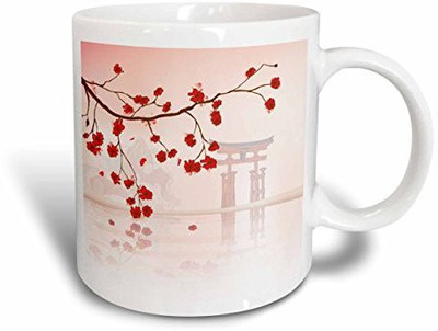 3dRose mug_116168_2 Beautiful Japanese Sakura Red Cherry Blossoms Branching Reflecting Over Water Oriental Vector Design Ceramic, 15-Ounce, White Ceramic Mug(60 ml)