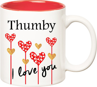 Huppme I Love You Thumby Inner Red (350 ml) Ceramic Mug(350 ml), Red;white