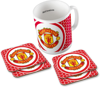 MiiCreations Printed Manchester United F.C. (1 Ceramic + 4 MDF Coaster) Coaster Coffee Set Ceramic Mug(325 ml, Pack of 5), Multicolor