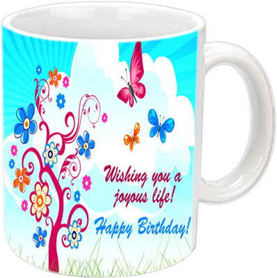Raj Laxmi butterfly tree b'day white Ceramic Mug(350 ml)