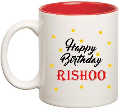 Huppme Happy Birthday Rishoo Inner Red Ceramic Mug(350 ml), Red;white