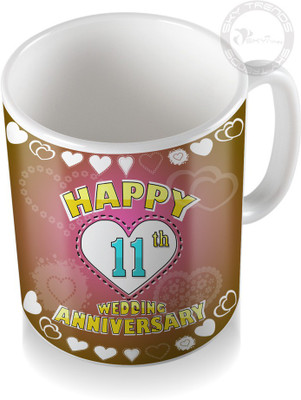 SKY TRENDS 11th Happy Wedding Anniversary Coffee Ceramic Mug(300 ml), White