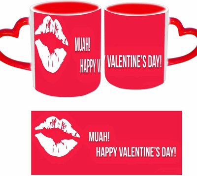 Raj Laxmi valentine kiss red handle valentine Ceramic Mug(350 ml)