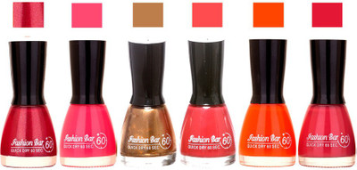 Fashion Bar Long Stay Unique Nail Polish 218 mazanrta,gold,shinny gold,pink,orange,dark pink,(Pack of 6)
Fashion Bar Long Stay Unique Nail Polish 218 mazanrta,gold,shinny gold,pink,orange,dark pink,(Pack of 6)