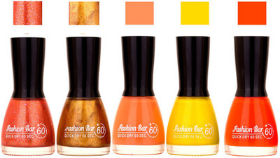 Fashion Bar Shimmer Orange ,Shimmer Gold ,Peach Yellow Dark Orange Shades Nail Polish 145342 Shimmer Orange ,Shimmer Gold ,Peach Yellow Dark Orange(Pack of 5)
Fashion Bar Shimmer Orange ,Shimmer Gold ,Peach Yellow Dark Orange Shades Nail Polish 145342 Shimmer Orange ,Shimmer Gold ,Peach Yellow Dark Orange(Pack of 5)