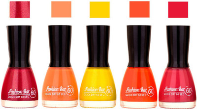 Fashion Bar Shimmer Pink,Peach,Yellow, Orange ,Rose Pink Shades Nail Polish 145306 Shimmer Pink,Peach,Yellow, Orange ,Rose Pink(Pack of 5)
Fashion Bar Shimmer Pink,Peach,Yellow, Orange ,Rose Pink Shades Nail Polish 145306 Shimmer Pink,Peach,Yellow, Orange ,Rose Pink(Pack of 5)