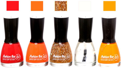 Fashion Bar Red ,Orange ,Glitter Gold Top Light Orange Shades Nail Polish 145322 Red ,Orange ,Glitter Gold Top Light Orange(Pack of 5)