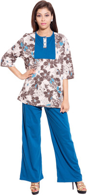 Forever 9teen Women Floral Print Brown, Blue Top & Capri Set