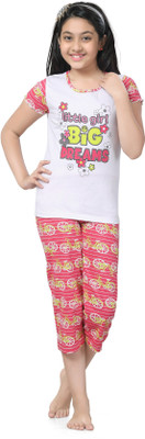 Kombee Kids Nightwear Girls Printed Cotton, White & pink