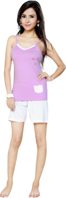 FLAMINGO Women's Printed White, Purple Top & Pyjama Set, Lavender