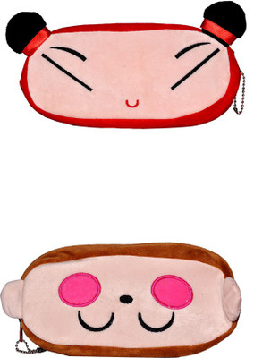AVE NA Cartoon Face Art Soft Fabric Pencil Boxes(Set of 2, Red, Brown)