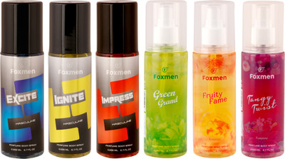Foxmen Ignite+Impress+Excite+FruityFame+TangyTwist+Greengrand(Pack Of 6) Eau de Toilette - 1200 ml(For Men & Women)
Foxmen Ignite+Impress+Excite+FruityFame+TangyTwist+Greengrand(Pack Of 6) Eau de Toilette - 1200 ml(For Men & Women)