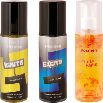 Foxmen Ignite-Excite-FruityFame(Pack Of 3) Eau de Toilette - 600 ml(For Men & Women)
Foxmen Ignite-Excite-FruityFame(Pack Of 3) Eau de Toilette - 600 ml(For Men & Women)