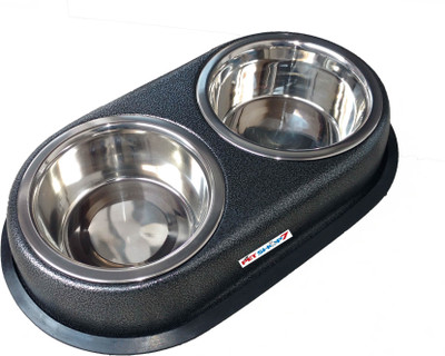 Petshop7 Metallic Grey 1600ML Dog Bowl Double Diner Oval Steel Pet Bowl(1600 ml Grey)