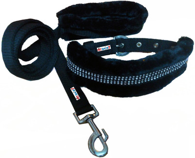 Petshop7 Blue 1.25 Inch Nylon Fur Dog Collar & Leash(, Black