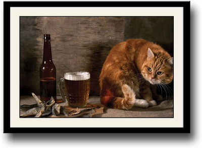Beer and Cat Fine Art Print(10 inch X 14 inch, Framed)
