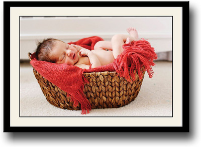 Cute baby sleeping in wooden basket Fine Art Print(10 inch X 14 inch, Framed)