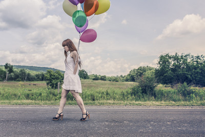 Oshi - Lady on the Road with Balloons Paper Print(12 inch X 18 inch, Stretched)